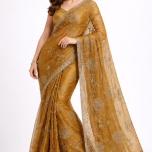 Golden Rose Embroidered Sheer Saree with Scalloped Border