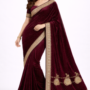 Royal Wine Embellished Saree with Peacock Motif & Zari Border