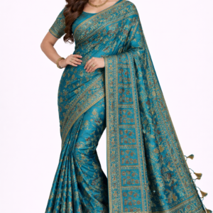 Teal Blue Embroidered Saree with Tassel Pallu – Premium Festive Wear