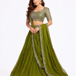 Olive Green Embellished Lehenga Set with Heavy Sequin Blouse