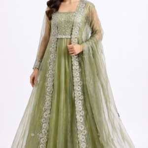 Pastel Olive Embroidered Anarkali Set with Sheer Jacket & Dupatta