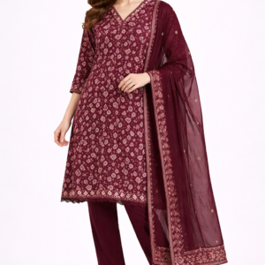 Wine Ikat Print Lace Kurti Set