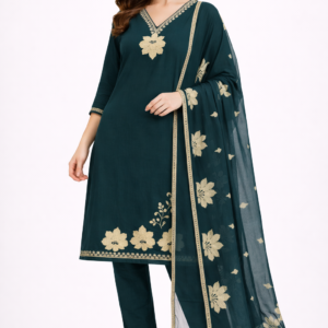 Teal Bloom Embroidered Kurti Set