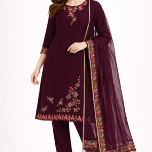 Wine Elegance Floral Embroidered Kurti Set
