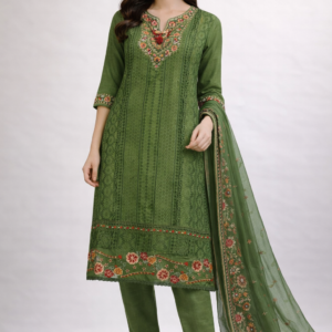 Olive Green Floral Embroidered Kurti Set