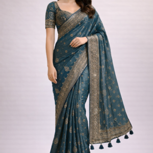 Royal Teal Zari Weave Saree Set with Designer Blouse