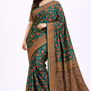 Emerald Floral Heritage Saree with Grand Zari Border & Designer Blouse